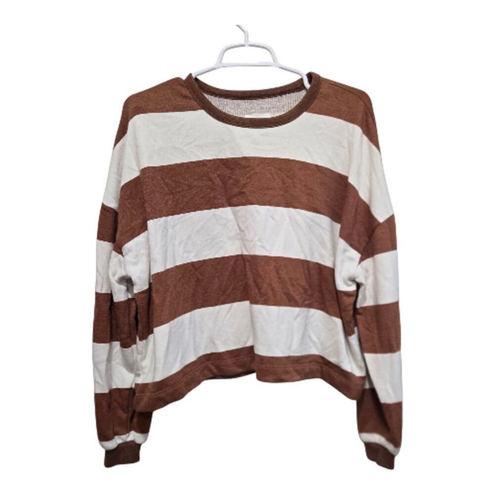 Lou & Grey Striped Cropped Sweatshirt Brown White Cozy Small